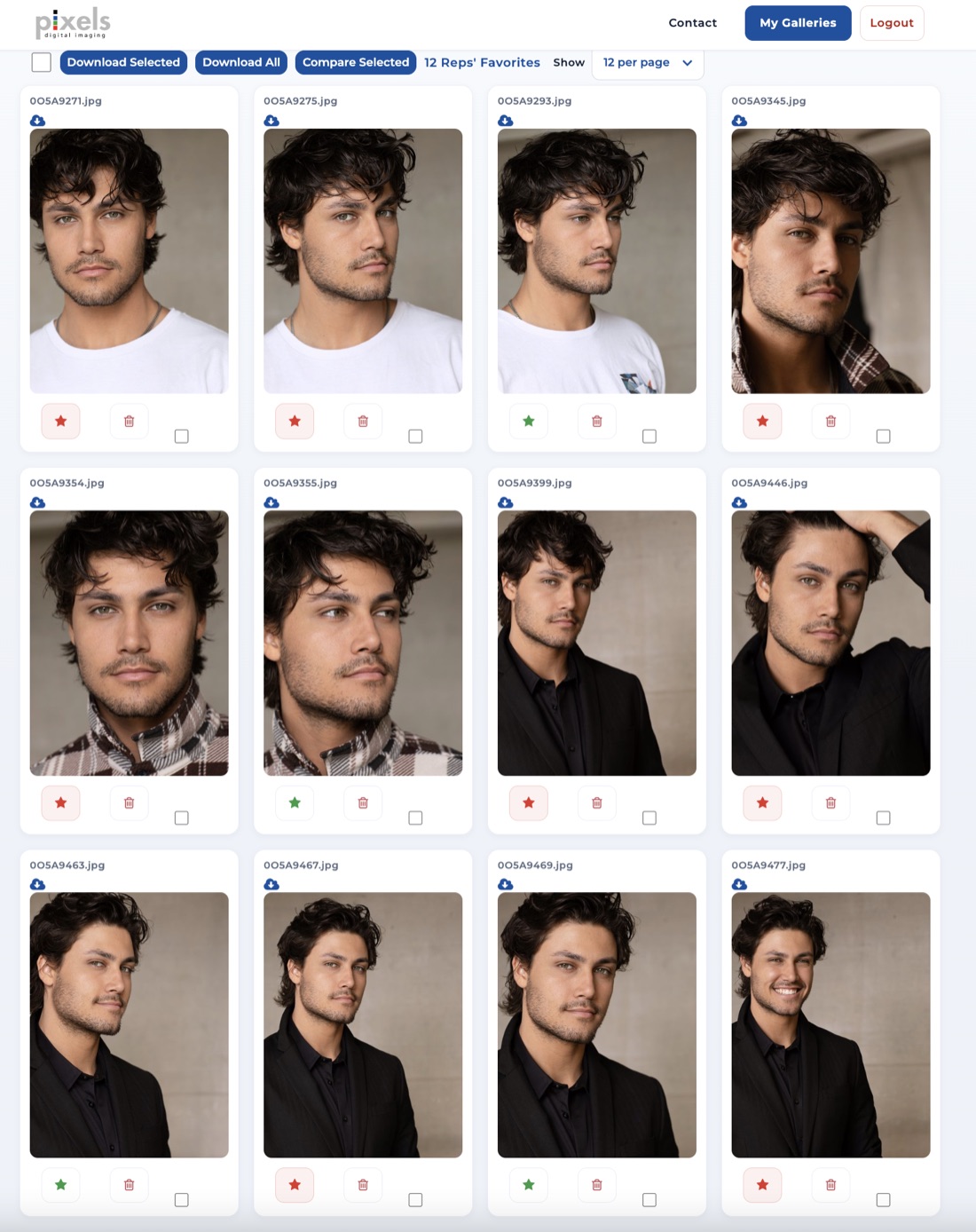Your headshot proofsheet gallery — rate, favorite and download your proofs